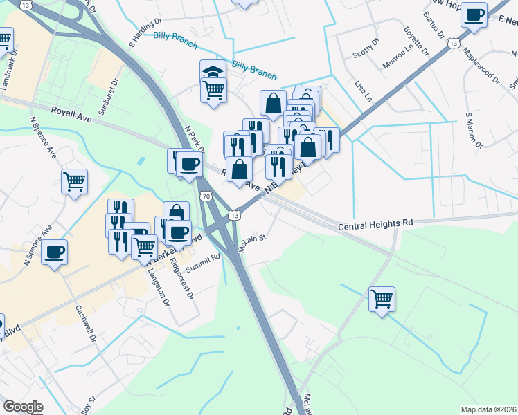 map of restaurants, bars, coffee shops, grocery stores, and more near 1006 North Berkeley Boulevard in Goldsboro
