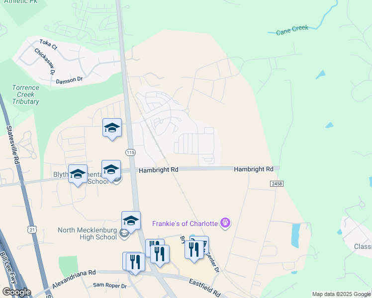 map of restaurants, bars, coffee shops, grocery stores, and more near 11721 Blessington Road in Huntersville