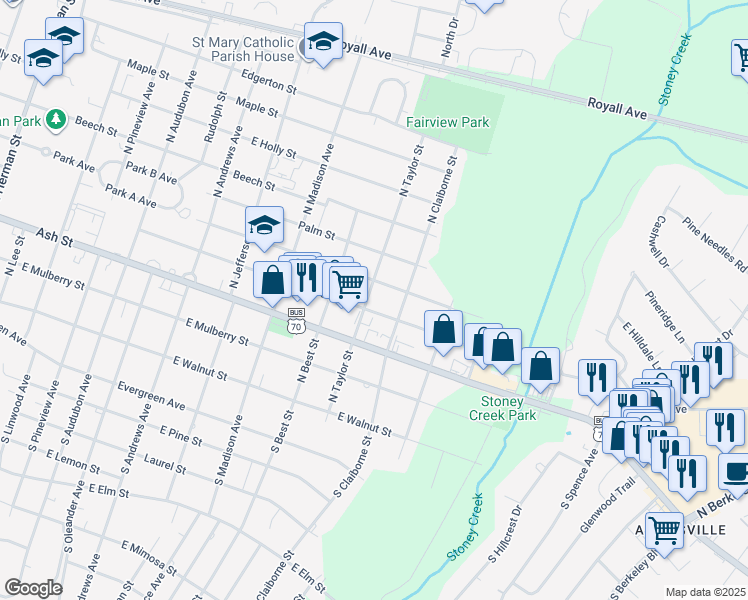 map of restaurants, bars, coffee shops, grocery stores, and more near 1811 Peachtree Street in Goldsboro