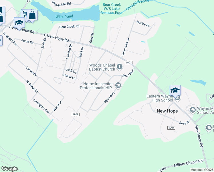 map of restaurants, bars, coffee shops, grocery stores, and more near 308 Ryan Boulevard in Goldsboro