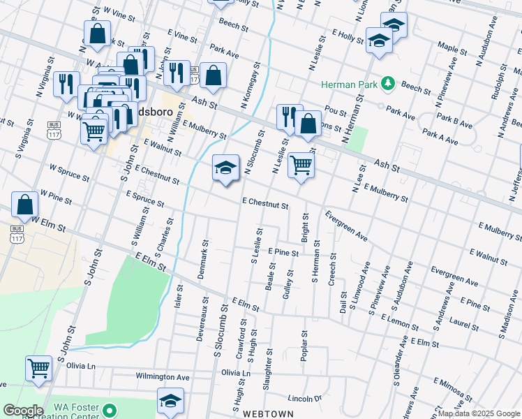 map of restaurants, bars, coffee shops, grocery stores, and more near 201 South Leslie Street in Goldsboro