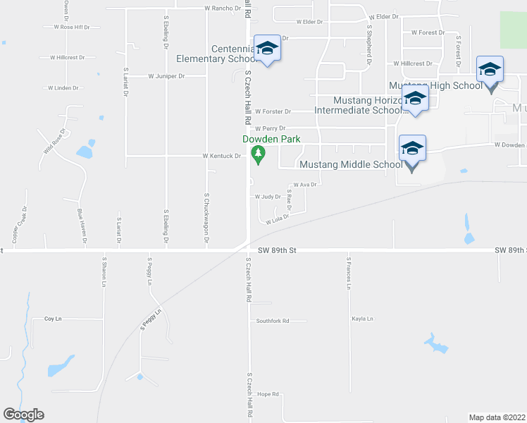map of restaurants, bars, coffee shops, grocery stores, and more near South Czech Hall Road in Mustang
