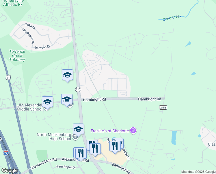map of restaurants, bars, coffee shops, grocery stores, and more near 11721 Blessington Road in Huntersville