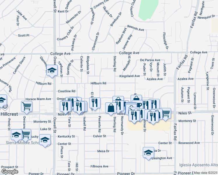 map of restaurants, bars, coffee shops, grocery stores, and more near 3819 Mitchell Avenue in Bakersfield