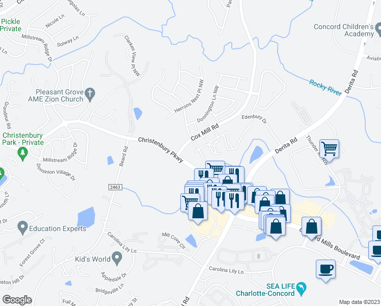 map of restaurants, bars, coffee shops, grocery stores, and more near 8915 Christenbury Parkway in Concord