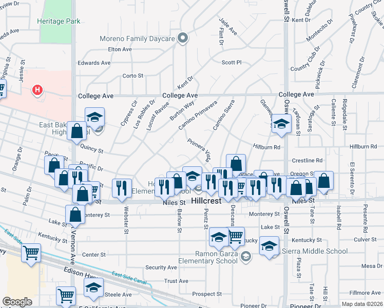 map of restaurants, bars, coffee shops, grocery stores, and more near 1652 Camino Sierra in Bakersfield