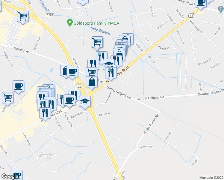 map of restaurants, bars, coffee shops, grocery stores, and more near 2819 McLain Street in Goldsboro