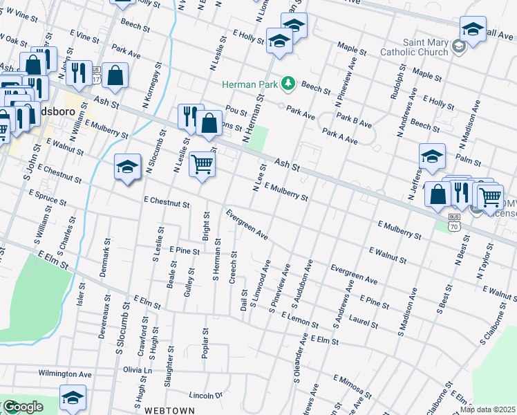 map of restaurants, bars, coffee shops, grocery stores, and more near 1005 East Walnut Street in Goldsboro