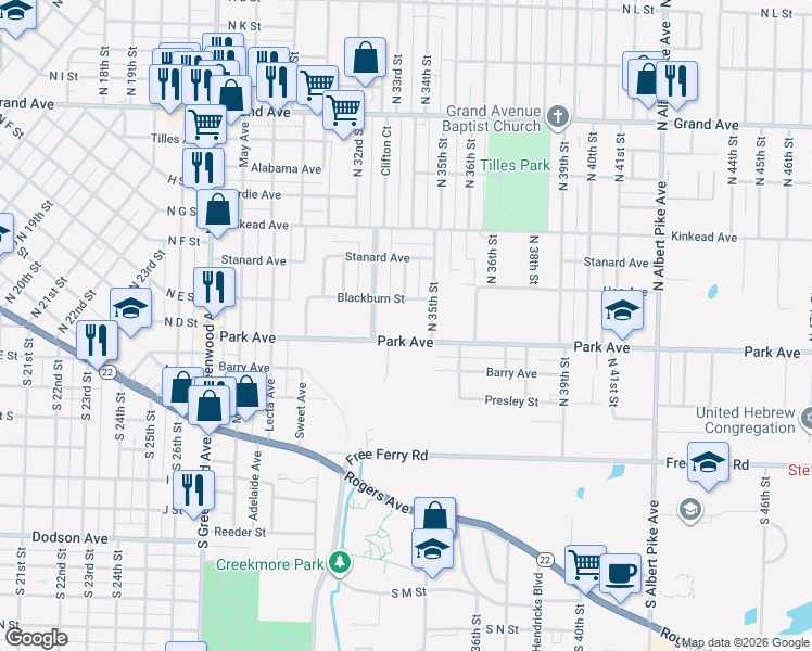map of restaurants, bars, coffee shops, grocery stores, and more near 409 North 35th Street in Fort Smith