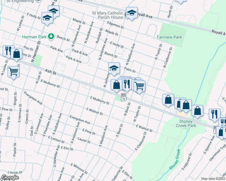 map of restaurants, bars, coffee shops, grocery stores, and more near 1609 Ash Street in Goldsboro