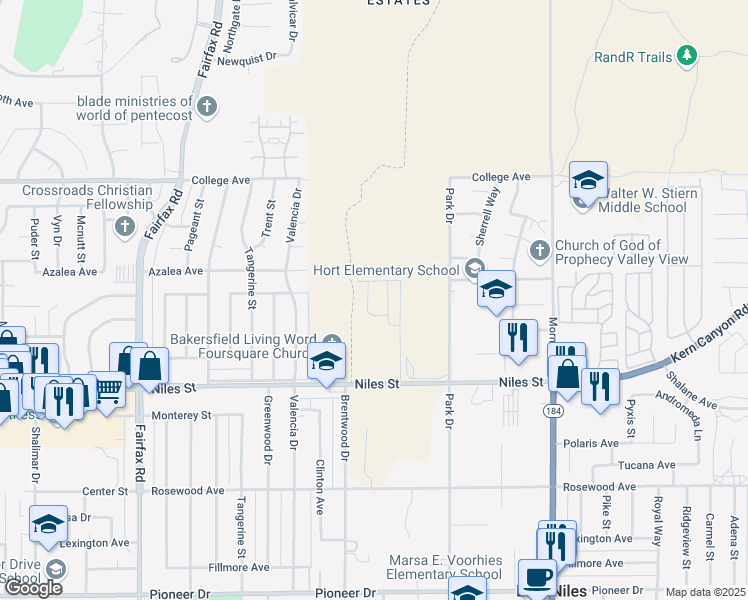map of restaurants, bars, coffee shops, grocery stores, and more near 2301 Park Drive in Bakersfield