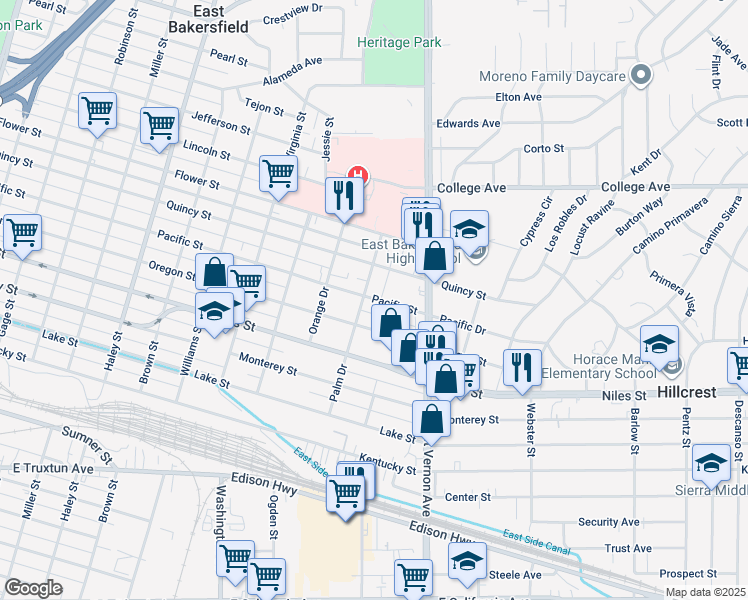 map of restaurants, bars, coffee shops, grocery stores, and more near 2012 Pacific Street in Bakersfield