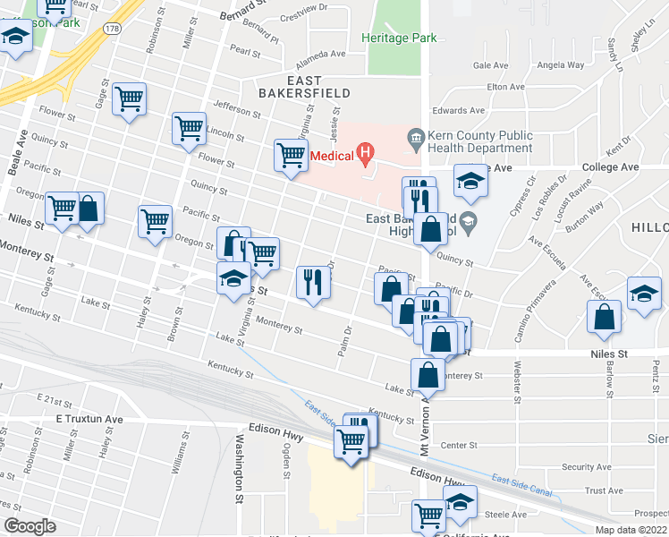 map of restaurants, bars, coffee shops, grocery stores, and more near 1870 Oregon Street in Bakersfield