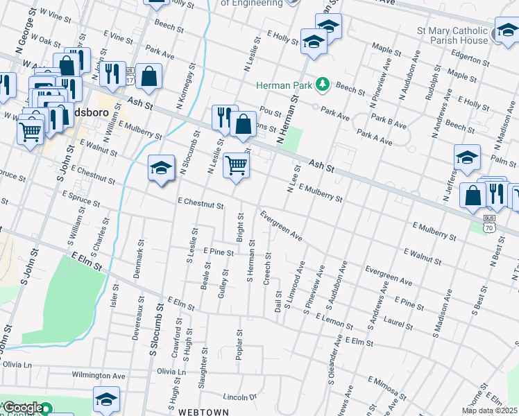 map of restaurants, bars, coffee shops, grocery stores, and more near 902 East Walnut Street in Goldsboro