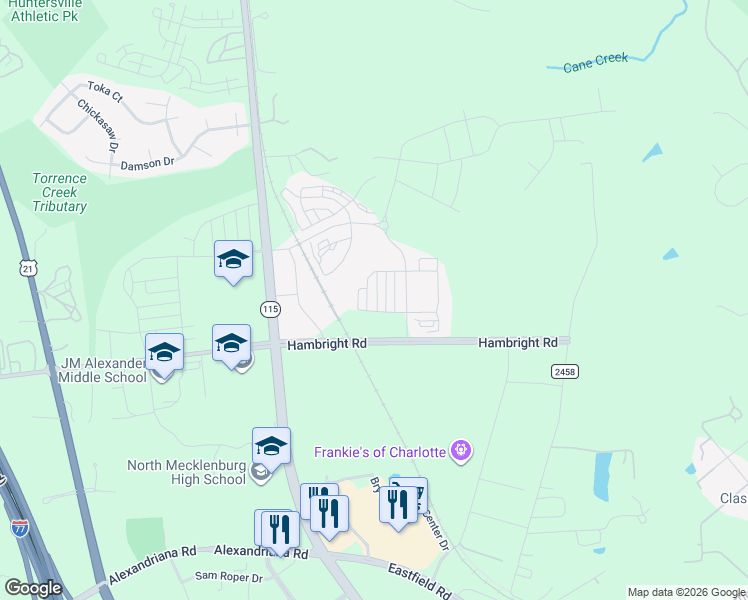 map of restaurants, bars, coffee shops, grocery stores, and more near 11721 Blessington Road in Huntersville