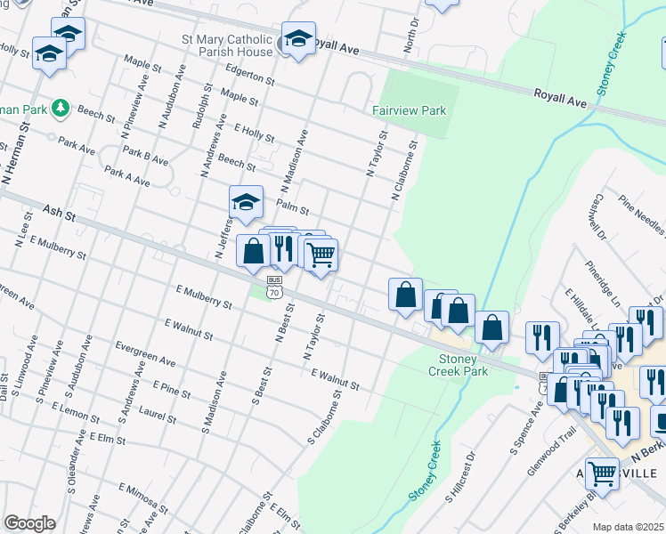 map of restaurants, bars, coffee shops, grocery stores, and more near 1811 Peachtree Street in Goldsboro