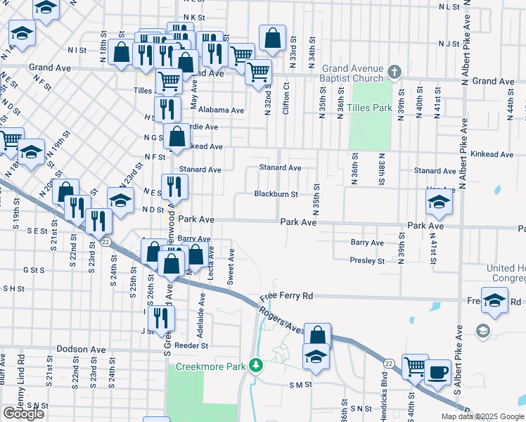 map of restaurants, bars, coffee shops, grocery stores, and more near 3205 Park Avenue in Fort Smith