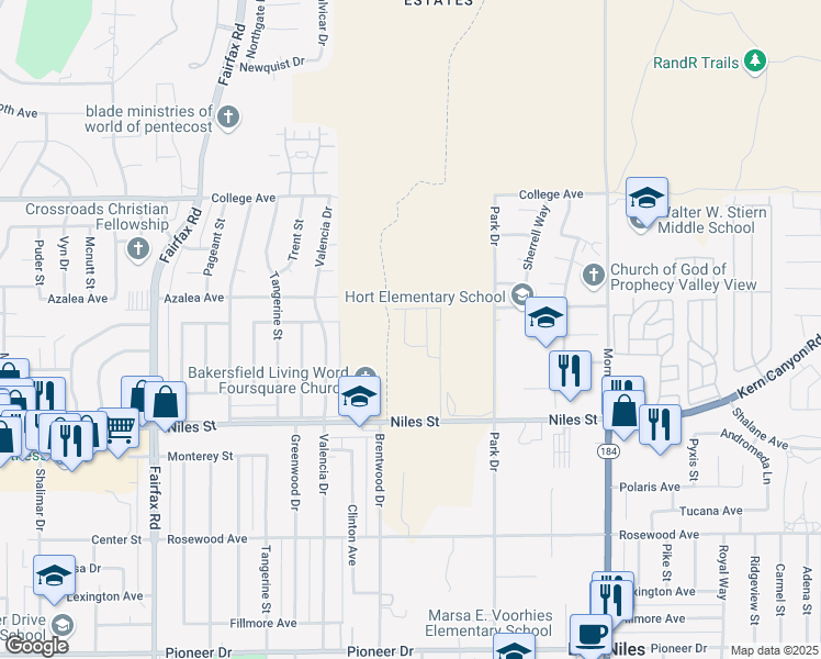 map of restaurants, bars, coffee shops, grocery stores, and more near 2805 Marivale Street in Bakersfield