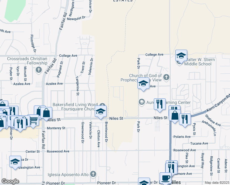 map of restaurants, bars, coffee shops, grocery stores, and more near 2805 Marivale Street in Bakersfield