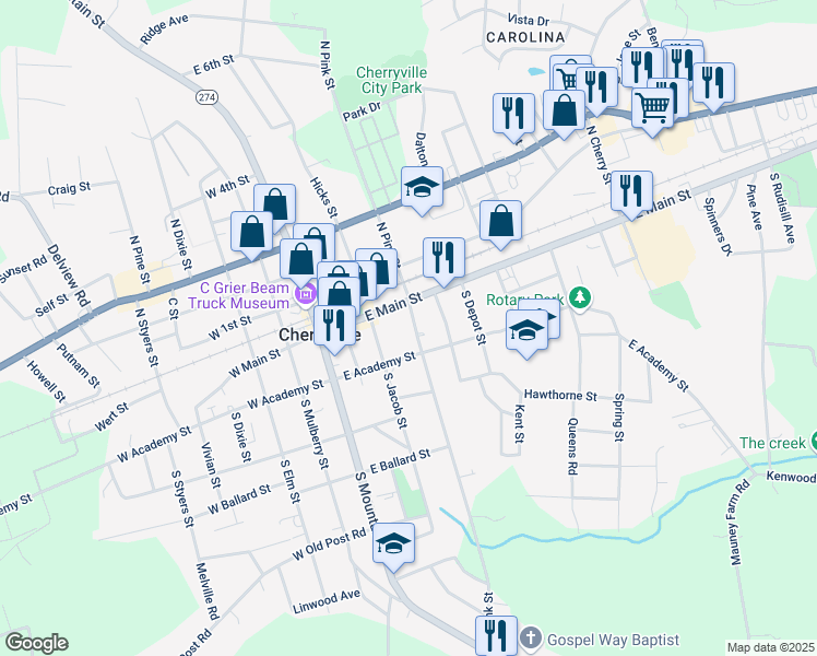 map of restaurants, bars, coffee shops, grocery stores, and more near 108 South Pink Street in Cherryville
