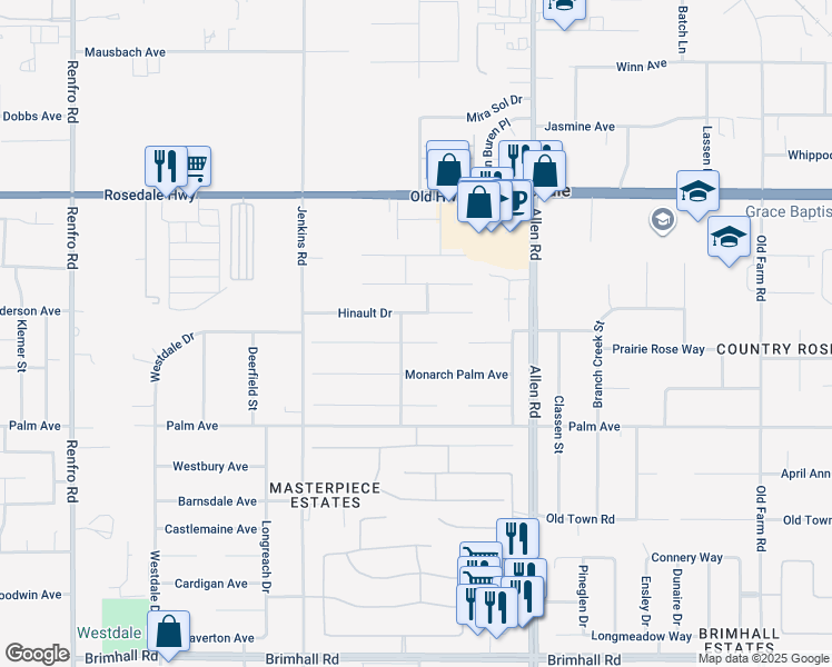 map of restaurants, bars, coffee shops, grocery stores, and more near 13300 Coco Palm Court in Bakersfield