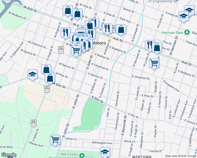 map of restaurants, bars, coffee shops, grocery stores, and more near 300 South William Street in Goldsboro