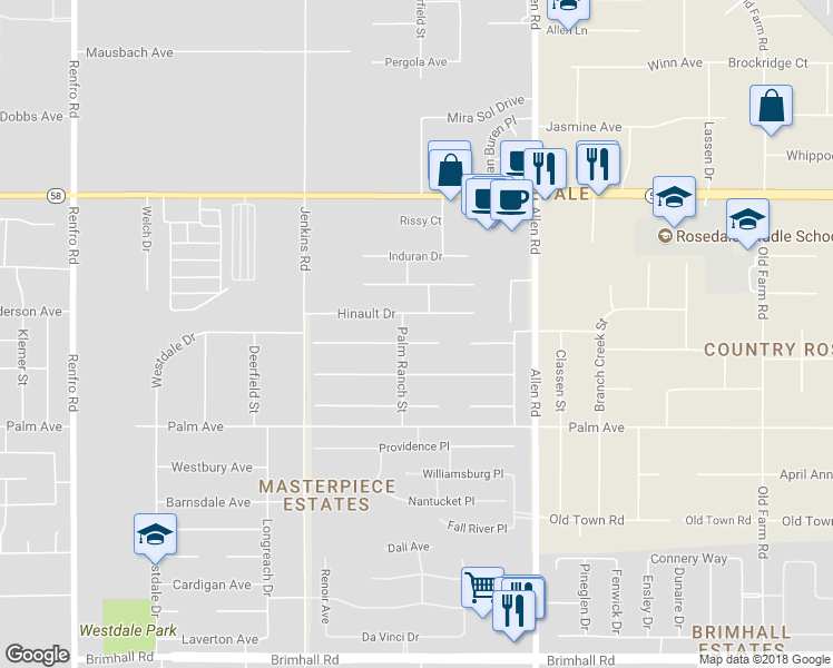 map of restaurants, bars, coffee shops, grocery stores, and more near 13300 Coco Palm Court in Bakersfield