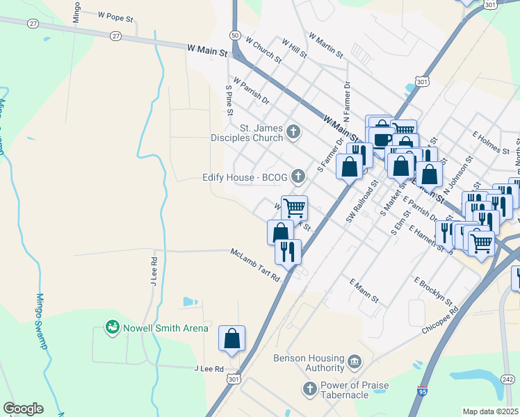 map of restaurants, bars, coffee shops, grocery stores, and more near 605 South Blackmon Street in Benson
