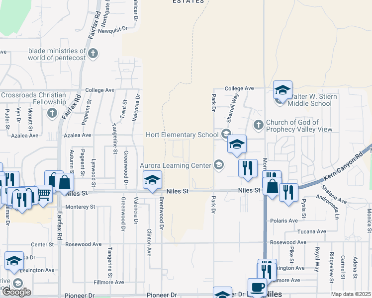 map of restaurants, bars, coffee shops, grocery stores, and more near 2807 Mallow Way in Bakersfield