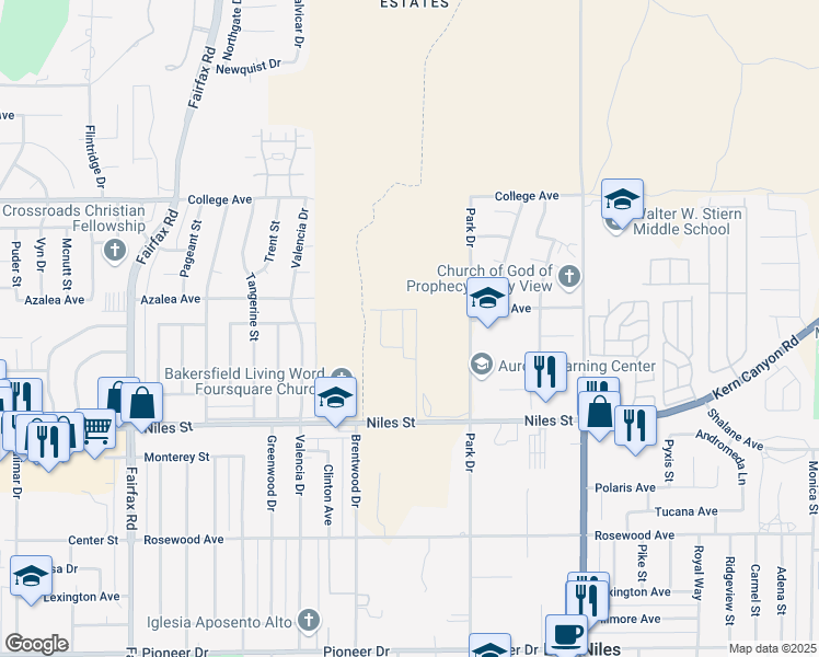 map of restaurants, bars, coffee shops, grocery stores, and more near 2807 Mallow Way in Bakersfield