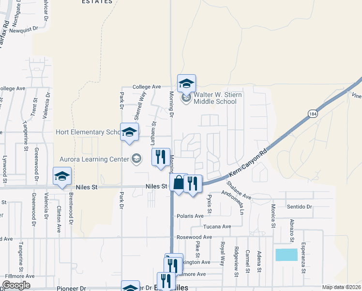 map of restaurants, bars, coffee shops, grocery stores, and more near Sherman Road in Bakersfield