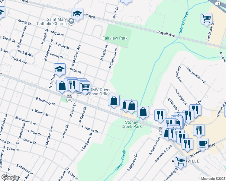 map of restaurants, bars, coffee shops, grocery stores, and more near 2009 Rose Street in Goldsboro