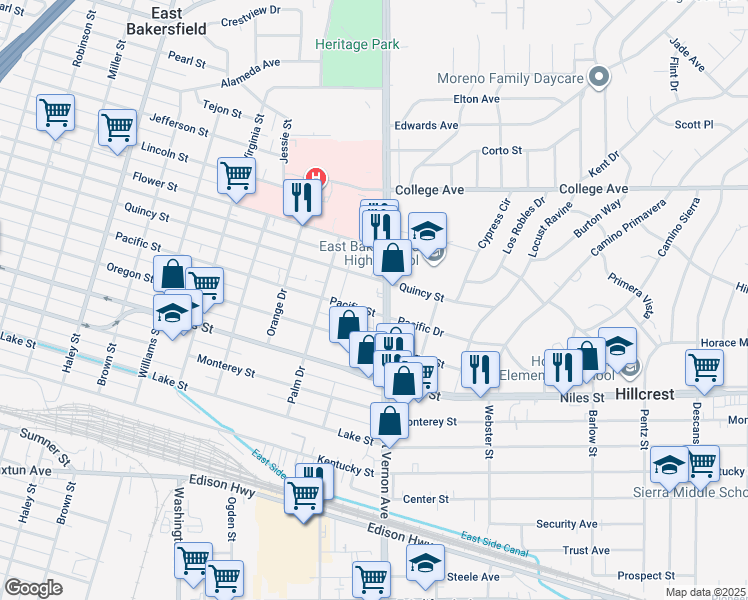 map of restaurants, bars, coffee shops, grocery stores, and more near 2120 Pacific Street in Bakersfield