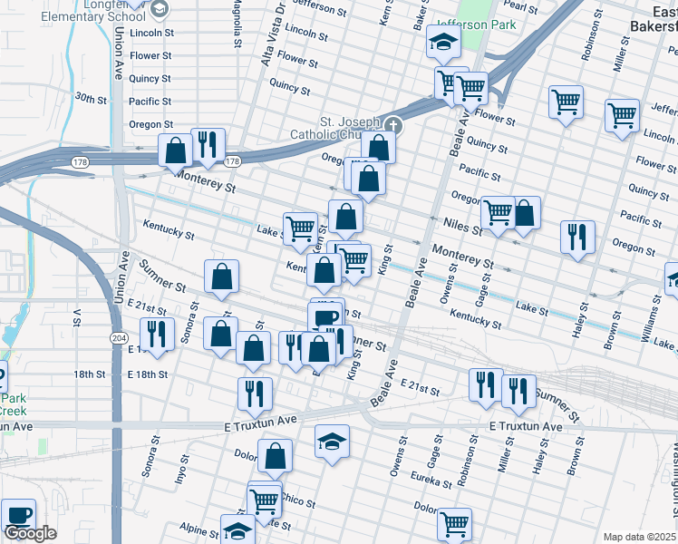 map of restaurants, bars, coffee shops, grocery stores, and more near 970 Baker Street in Bakersfield