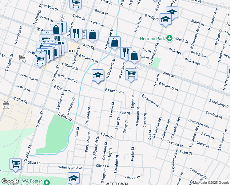 map of restaurants, bars, coffee shops, grocery stores, and more near 201 South Leslie Street in Goldsboro