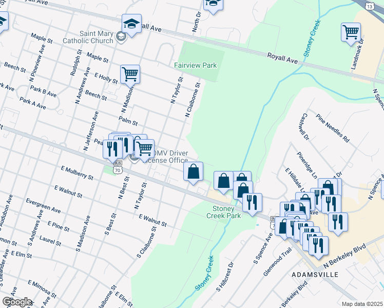 map of restaurants, bars, coffee shops, grocery stores, and more near 2009 Rose Street in Goldsboro