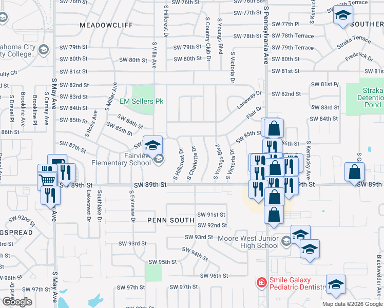 map of restaurants, bars, coffee shops, grocery stores, and more near 8805 South Charlotte Drive in Oklahoma City