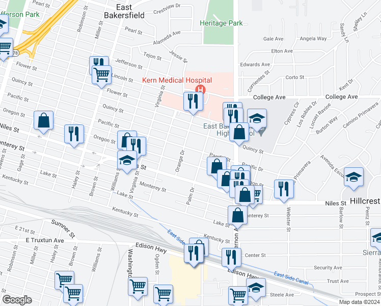 map of restaurants, bars, coffee shops, grocery stores, and more near 2 Pacific Street in Bakersfield