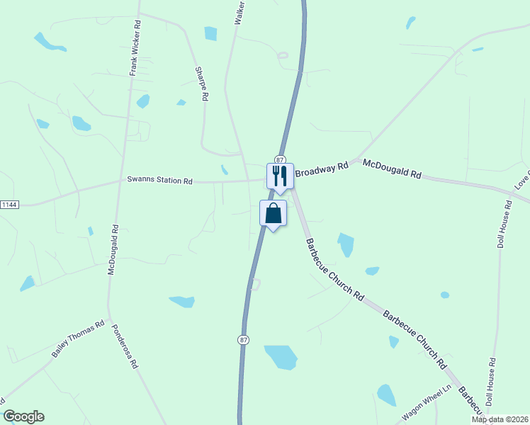 map of restaurants, bars, coffee shops, grocery stores, and more near 5145 North Carolina 87 in Sanford