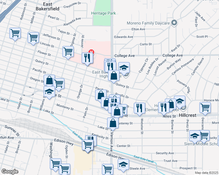 map of restaurants, bars, coffee shops, grocery stores, and more near 1514 Mount Vernon Avenue in Bakersfield