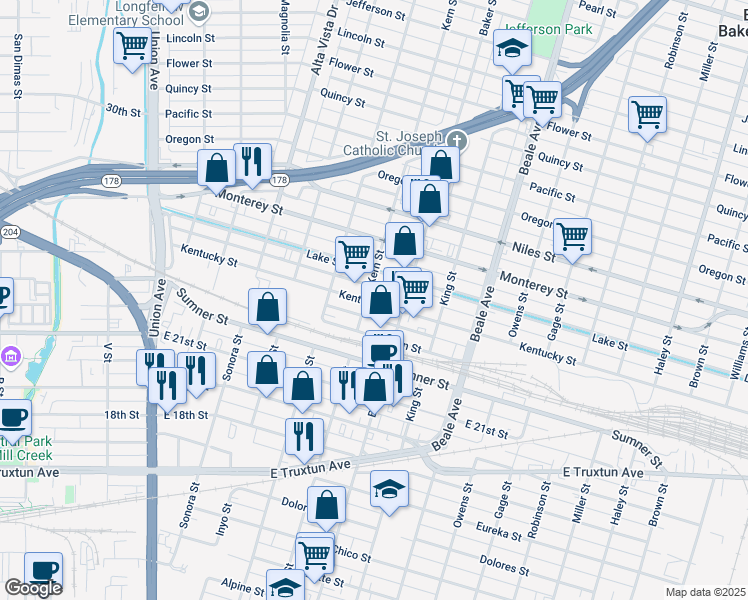map of restaurants, bars, coffee shops, grocery stores, and more near 604 Kentucky Street in Bakersfield