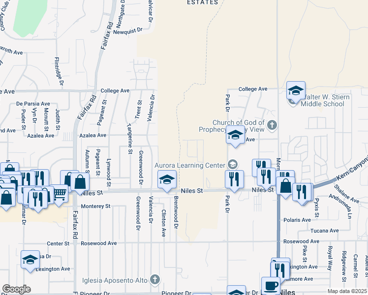 map of restaurants, bars, coffee shops, grocery stores, and more near 2810 Marivale Street in Bakersfield
