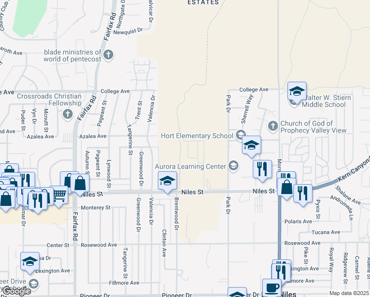map of restaurants, bars, coffee shops, grocery stores, and more near 2810 Marivale Street in Bakersfield
