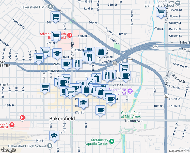 map of restaurants, bars, coffee shops, grocery stores, and more near 1115 22nd Street in Bakersfield
