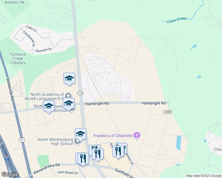 map of restaurants, bars, coffee shops, grocery stores, and more near 11721 Blessington Road in Huntersville