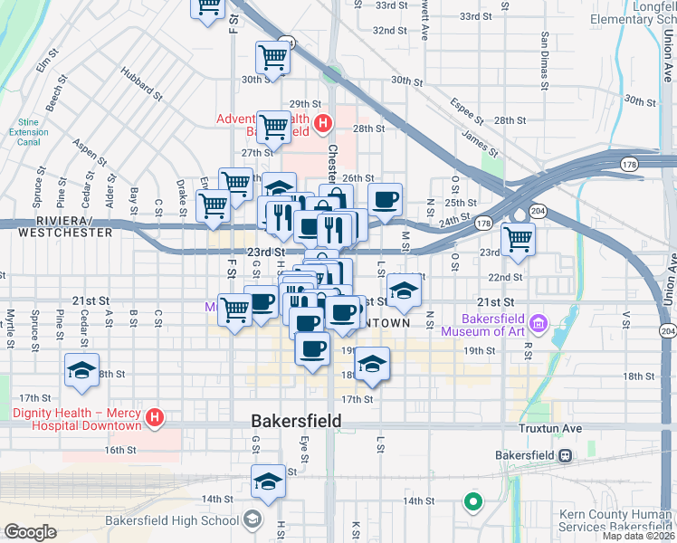 map of restaurants, bars, coffee shops, grocery stores, and more near 2127 Chester Avenue in Bakersfield