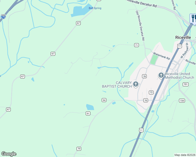 map of restaurants, bars, coffee shops, grocery stores, and more near 195 County Road 71 in Riceville