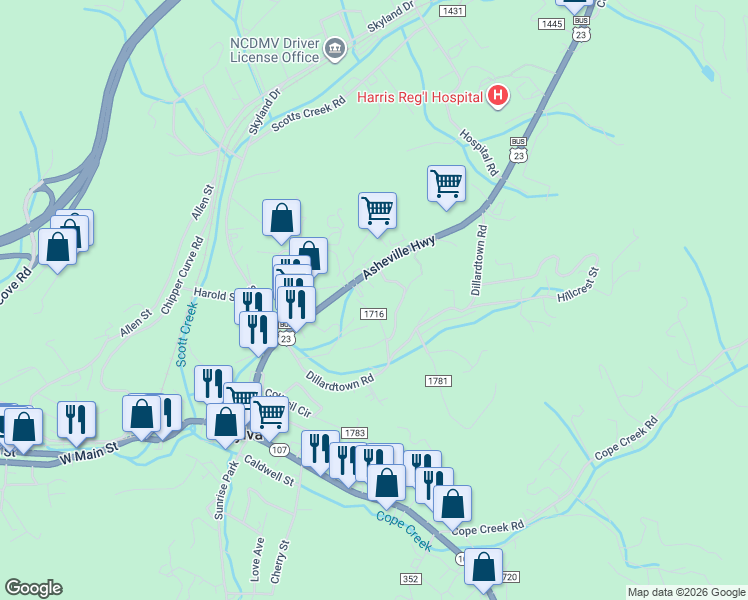 map of restaurants, bars, coffee shops, grocery stores, and more near 128 Hill Top Drive in Sylva
