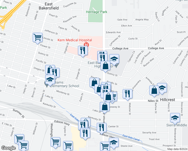 map of restaurants, bars, coffee shops, grocery stores, and more near 2014 Pacific Street in Bakersfield