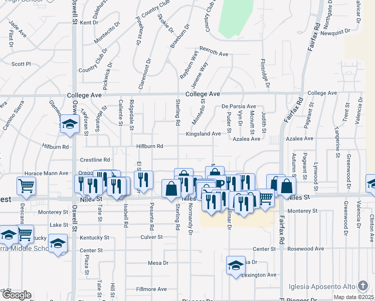 map of restaurants, bars, coffee shops, grocery stores, and more near 3928 Mitchell Avenue in Bakersfield